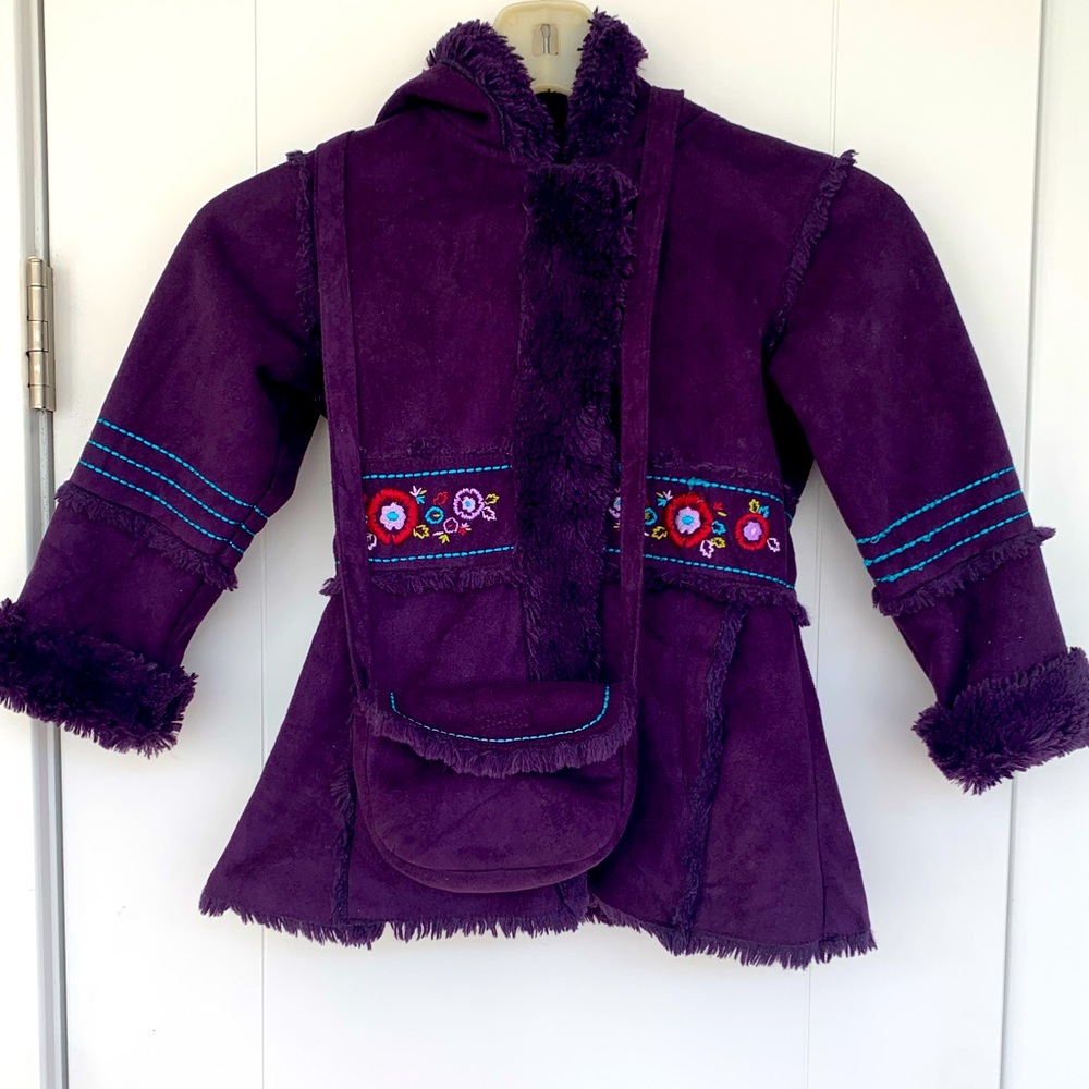 Girls Purple Faux Fur Coat with Matching Purse